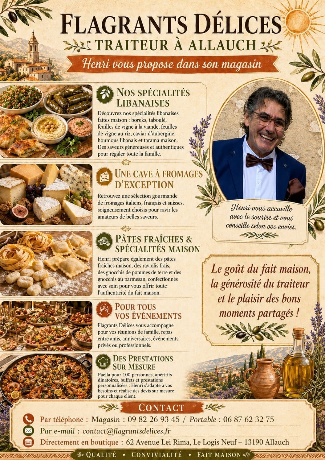 Traiteur à Allauch 13190 Flagrants Délices : spécialités maison, cuisine libanaise, fromages et plats gourmands à commander facilement.